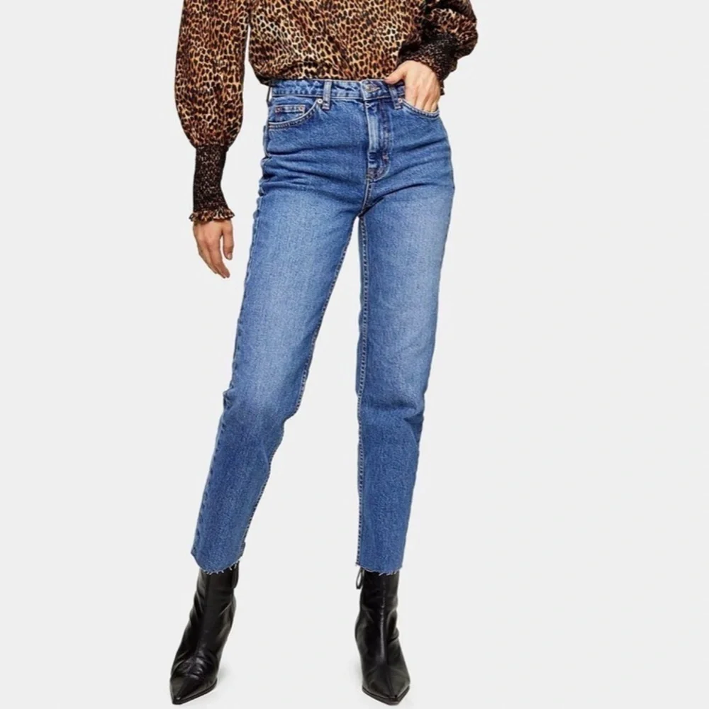 NWT Topshop High Rise Straight Raw Hem Dark Wash Rigid Cotton Jeans In Blue